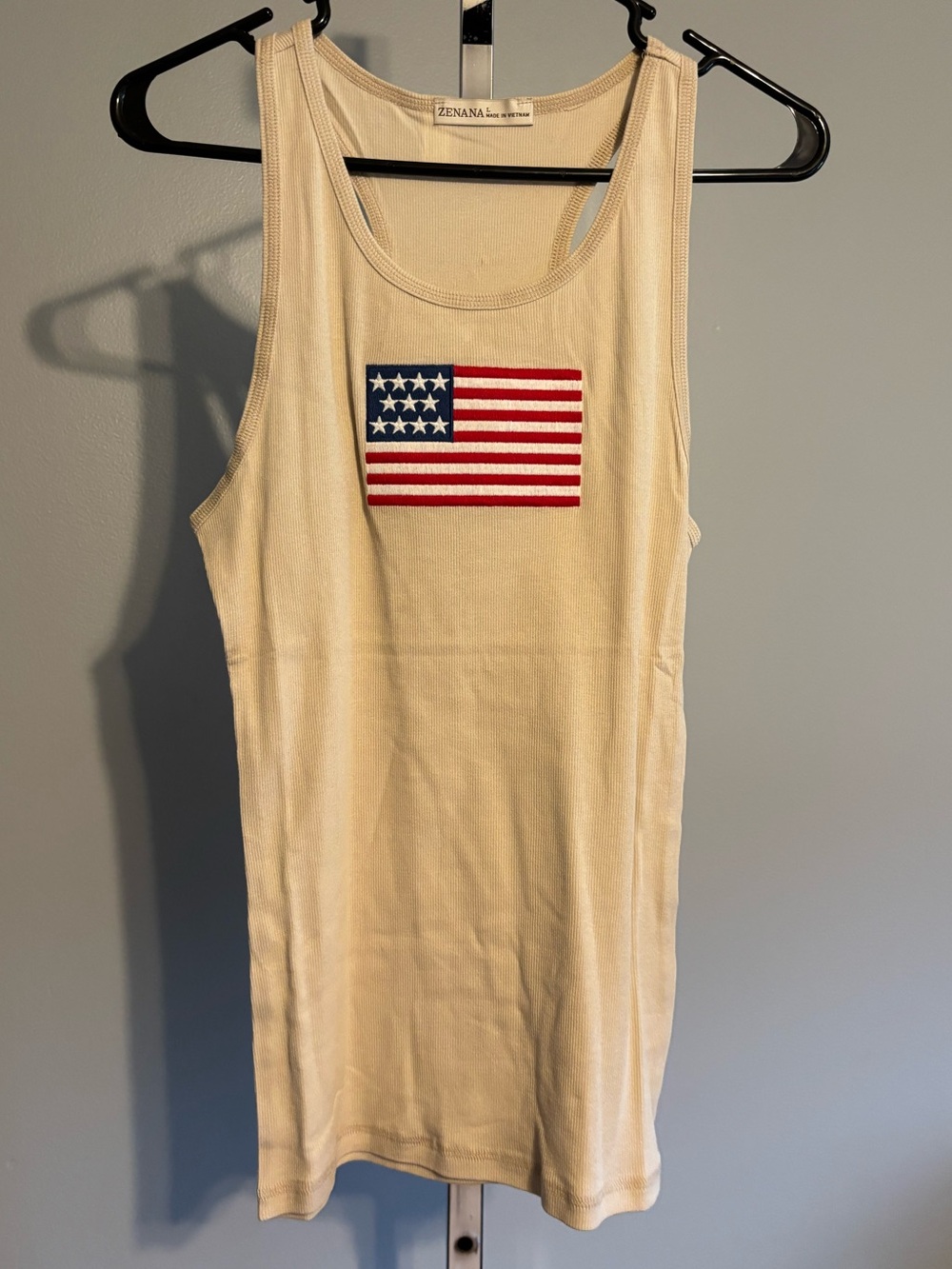 New! Zenana ribbed tank top in Sand Beige with American Flag embroidered‎